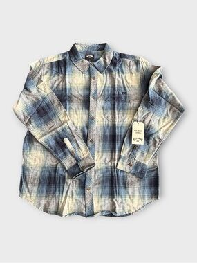 Billabong Men's Blue and Cream Washed Plaid Button-Down Shirt